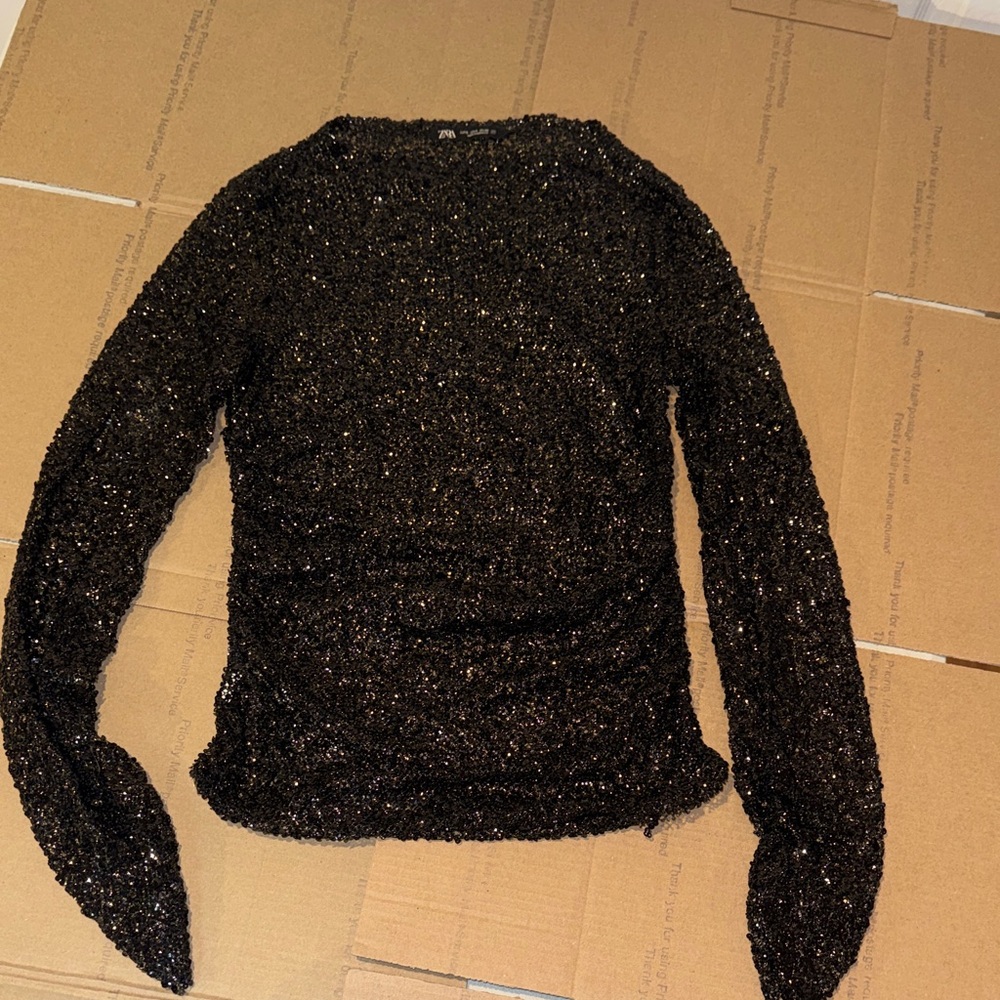 Zara sequin Black Long‎ Sleeve Top size small